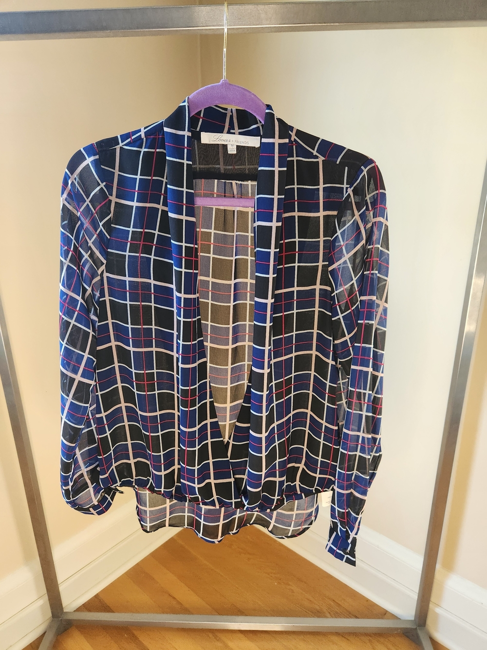 Lovers + Friends Black Plaid Button-Down Shirt with Blue, White & Pink Accents
